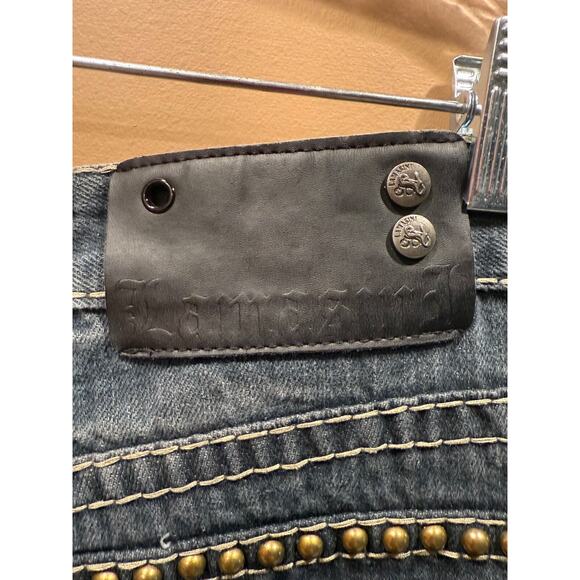 Lamasini Jeans Mens Distressed Embroidered Y2K Grunge 34W 29L - Picture 6 of 13